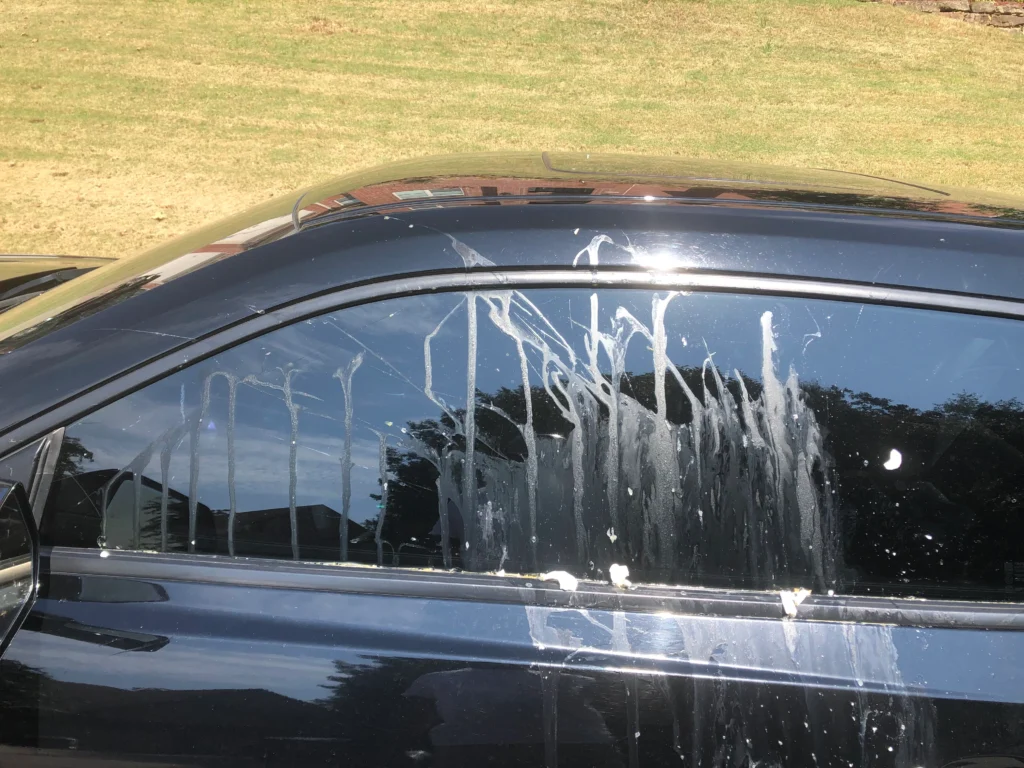 photo of a cars window being egged