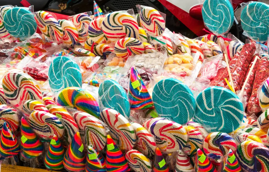 display of assorted amounts of candy for kids to buy